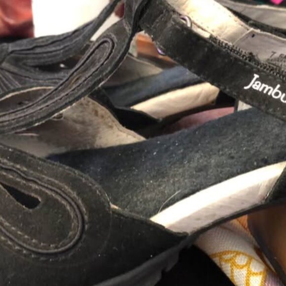 Jambu Sahara Peep Toe Black Suede Leather Wooden Heels Sandals‎ US Size 7.5 M - Picture 5 of 6